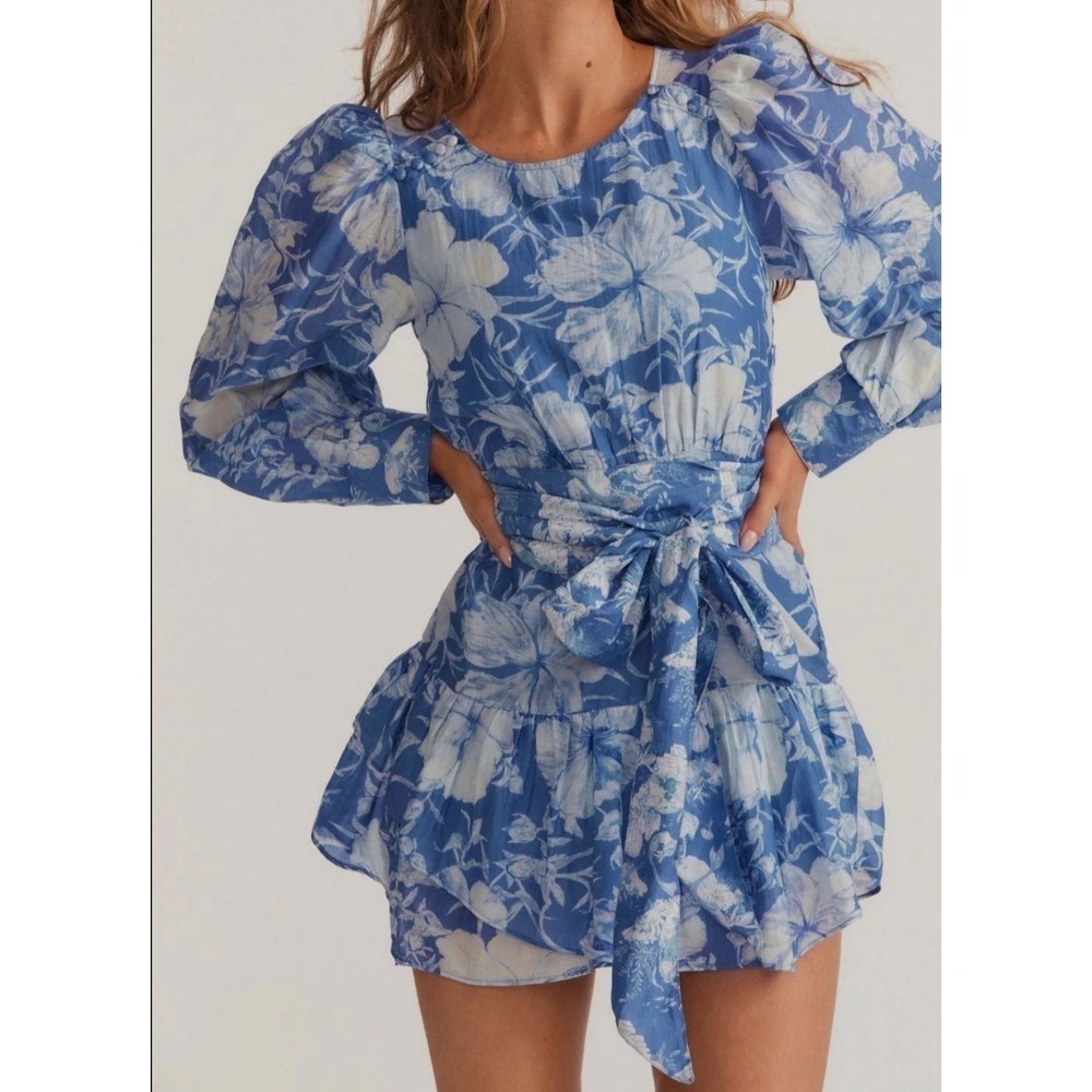 B54 LoveShackFancy Puff Sleeve Mini Dress Womens 2 Blue Floral Silk Blend Ruffle